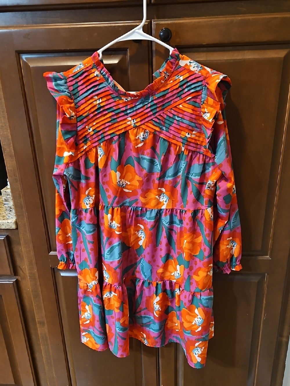 Girls' Bright Pink & Orange Floral Tiered Dress with Pintuck Yoke